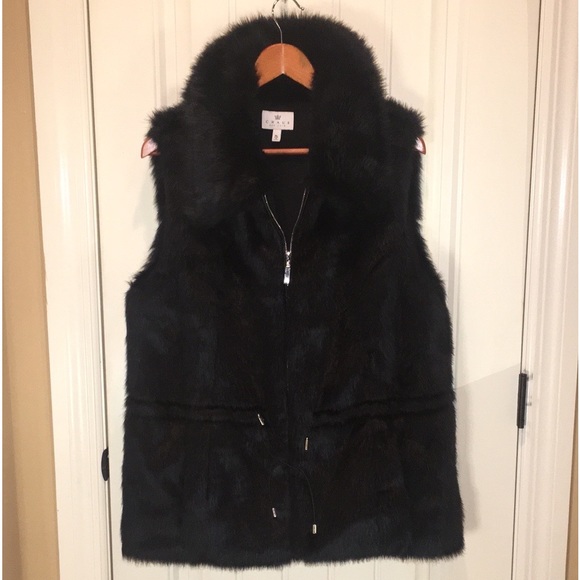 CHAUS NY  XL  BLACK FAUX FUR VEST ZIP FRONT WAIST TIES 2 Pockets Bottom Front - Picture 16 of 16